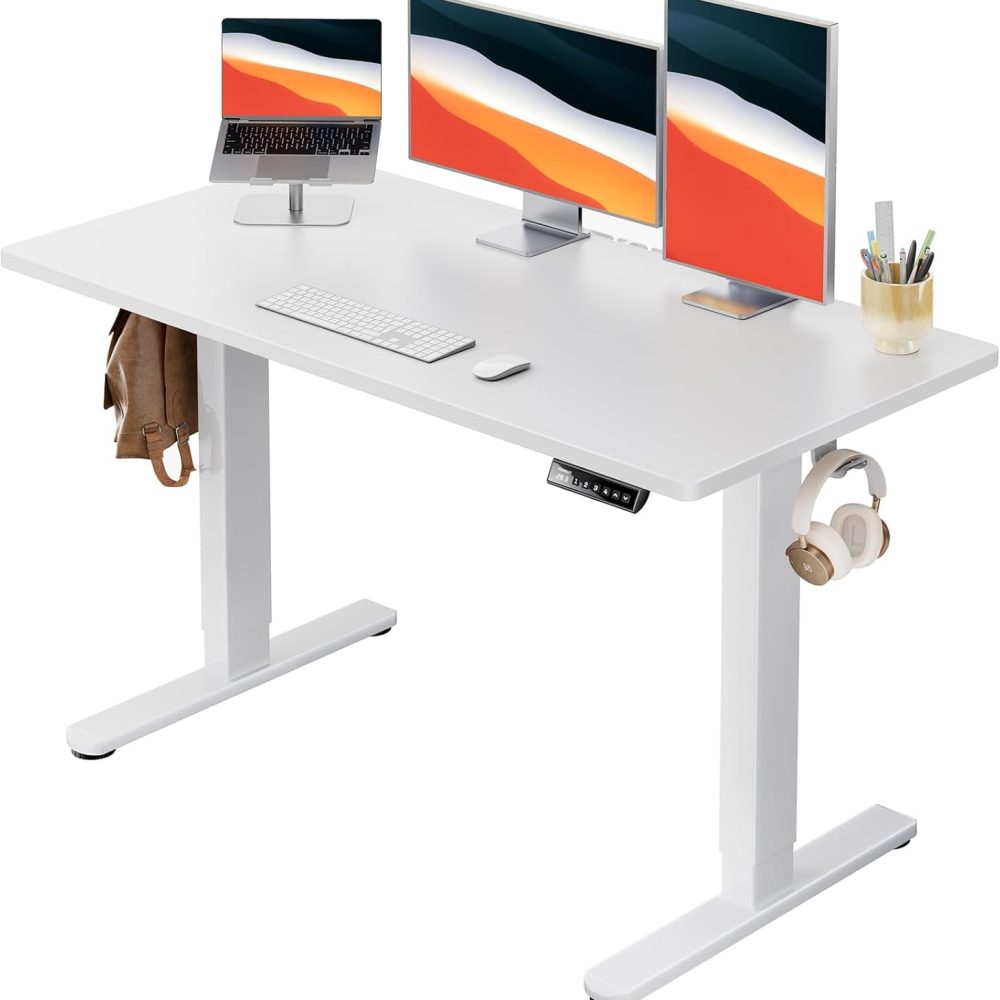 HUANUO Electric Standing Desk, 48" x 24" Whole Piece Desktop, Adjustable Height Computer Desk, 4 Height Memory Settings, Sit Stand Up Desk for Home Office, White