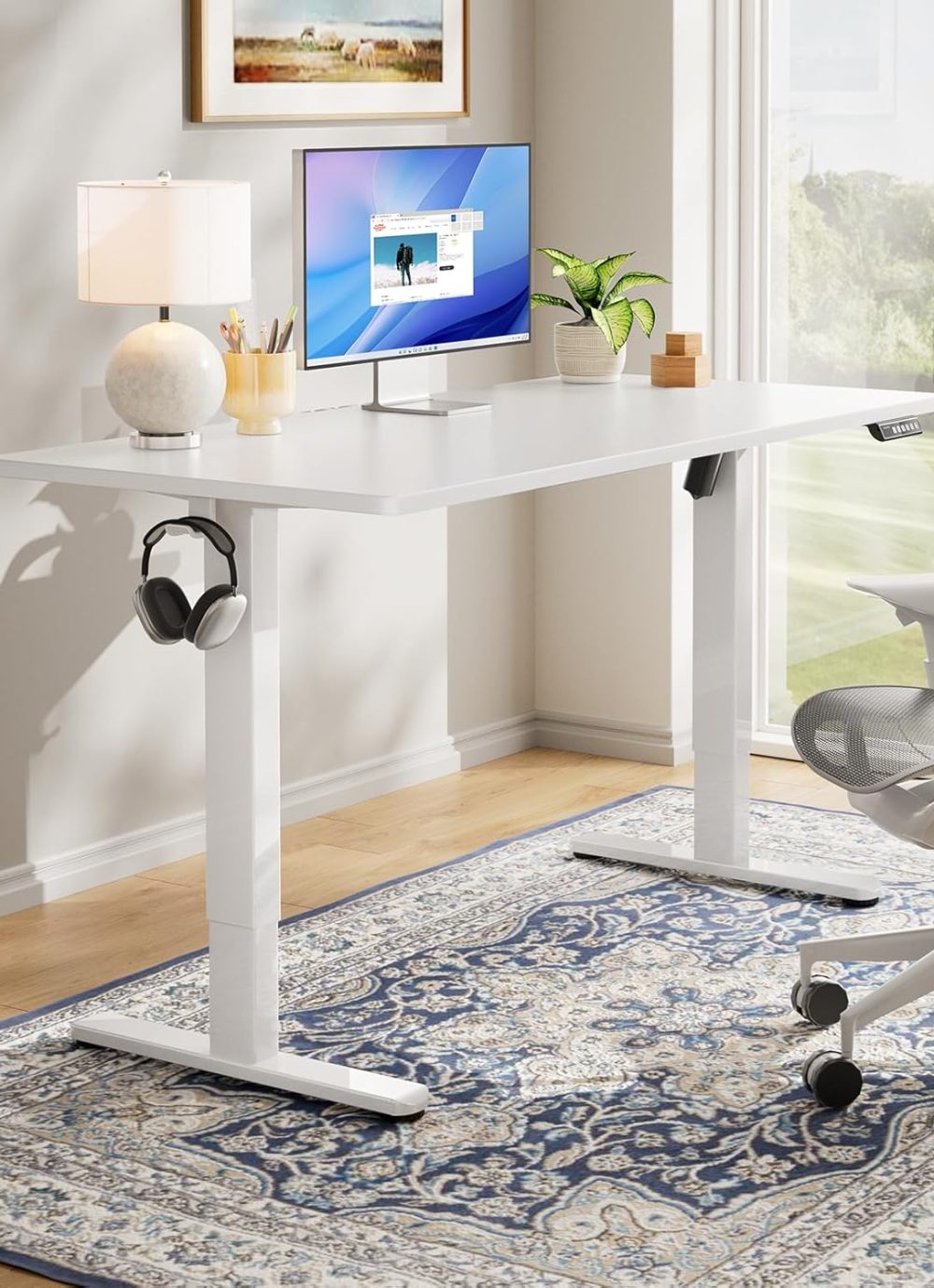 HUANUO Electric Standing Desk, 48" x 24" Whole Piece Desktop, Adjustable Height Computer Desk, 4 Height Memory Settings, Sit Stand Up Desk for Home Office, White - Image 2