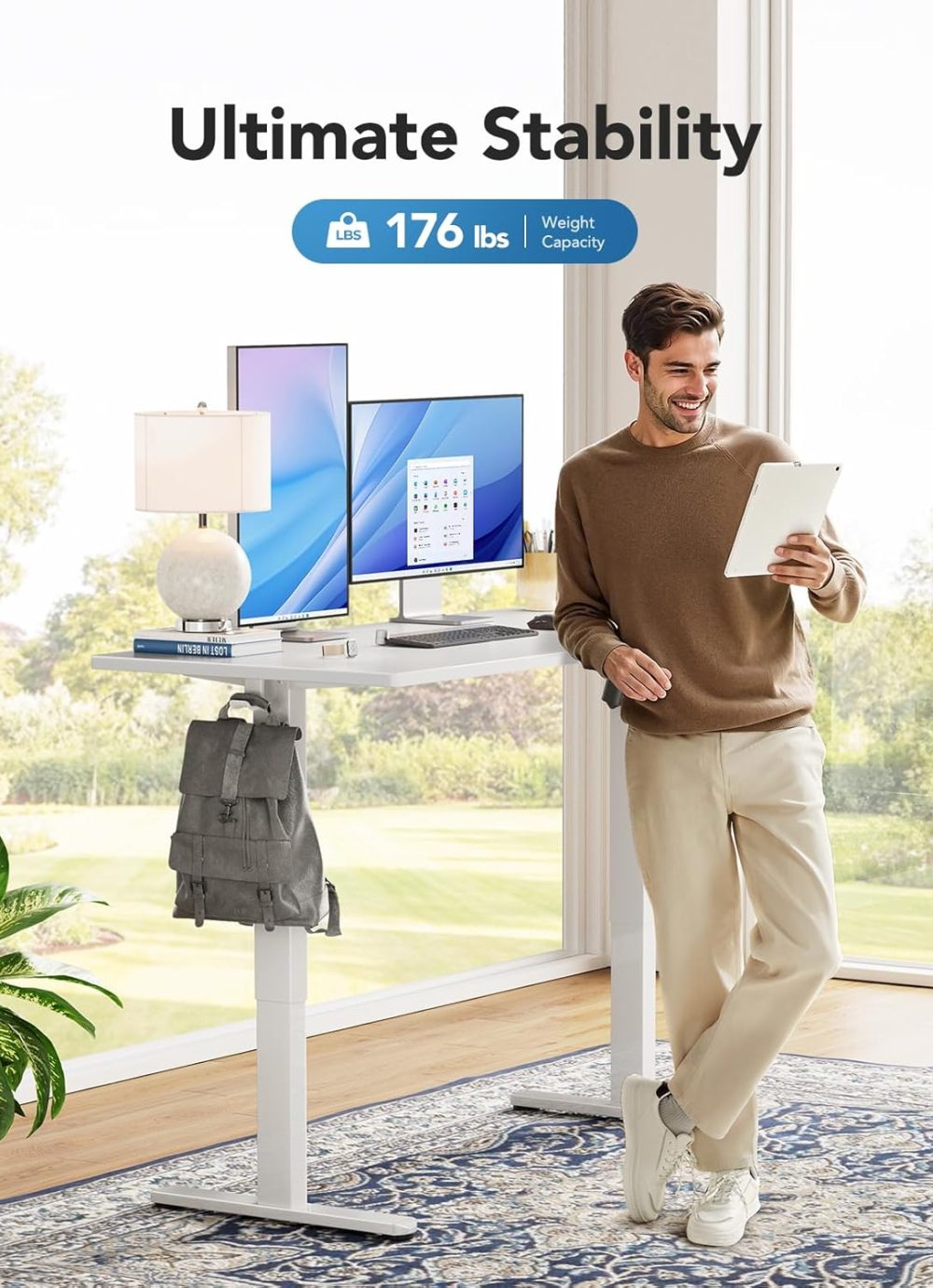 HUANUO Electric Standing Desk, 48" x 24" Whole Piece Desktop, Adjustable Height Computer Desk, 4 Height Memory Settings, Sit Stand Up Desk for Home Office, White - Image 5