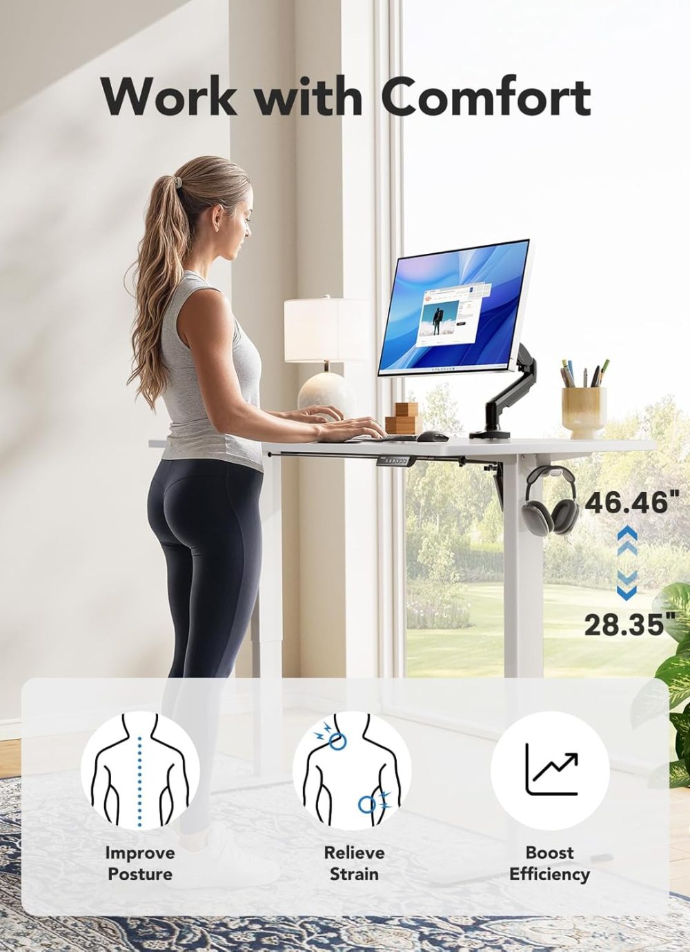 HUANUO Electric Standing Desk, 48" x 24" Whole Piece Desktop, Adjustable Height Computer Desk, 4 Height Memory Settings, Sit Stand Up Desk for Home Office, White - Image 6