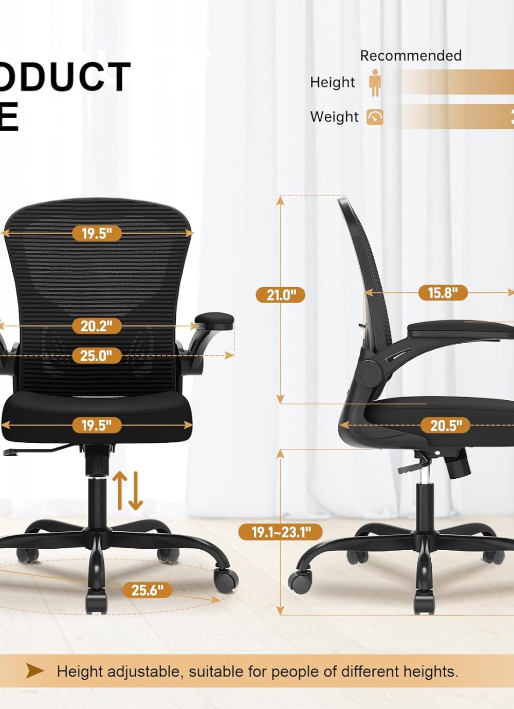 Office Chair, Ergonomic Desk Chairs 330LBS Capacity High Back Mesh Computer Chair with Flip-up Armrests, Comfy Work with Adjustable Lumbar Support, Rolling Swivel Executive Task Chair Black - Image 3