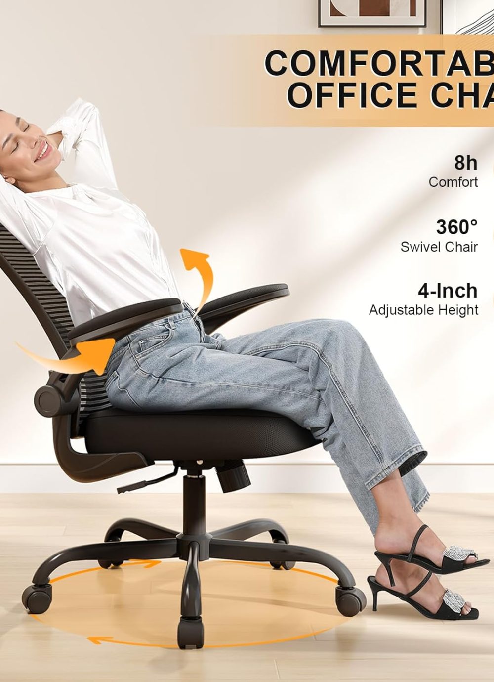 Office Chair, Ergonomic Desk Chairs 330LBS Capacity High Back Mesh Computer Chair with Flip-up Armrests, Comfy Work with Adjustable Lumbar Support, Rolling Swivel Executive Task Chair Black - Image 4