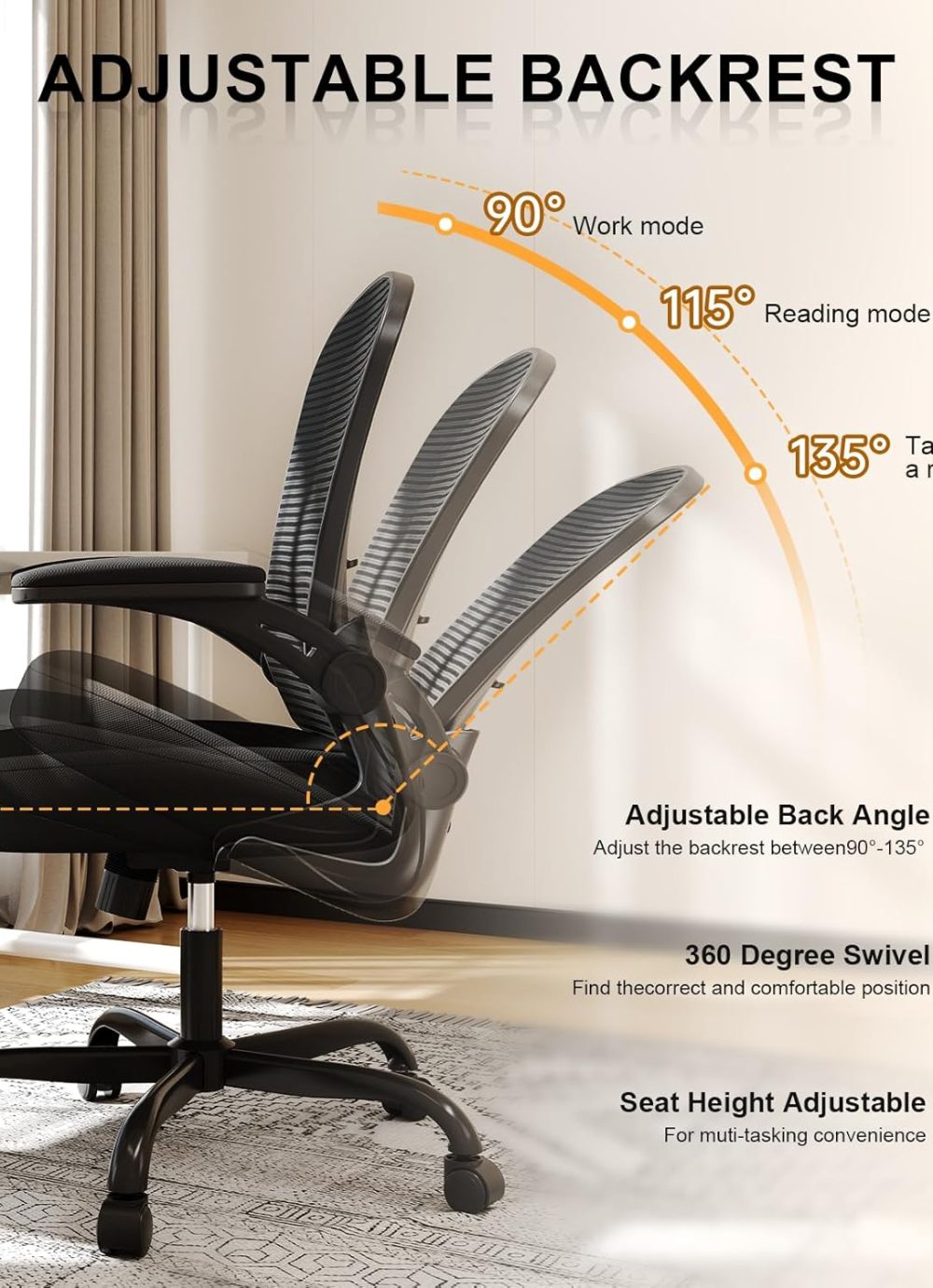 Office Chair, Ergonomic Desk Chairs 330LBS Capacity High Back Mesh Computer Chair with Flip-up Armrests, Comfy Work with Adjustable Lumbar Support, Rolling Swivel Executive Task Chair Black - Image 8