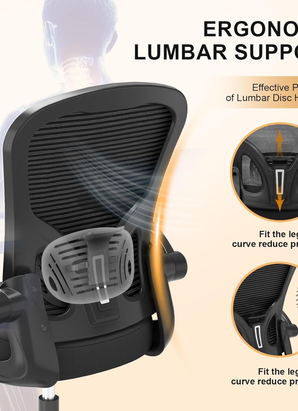 Office Chair, Ergonomic Desk Chairs 330LBS Capacity High Back Mesh Computer Chair with Flip-up Armrests, Comfy Work with Adjustable Lumbar Support, Rolling Swivel Executive Task Chair Black - Image 10