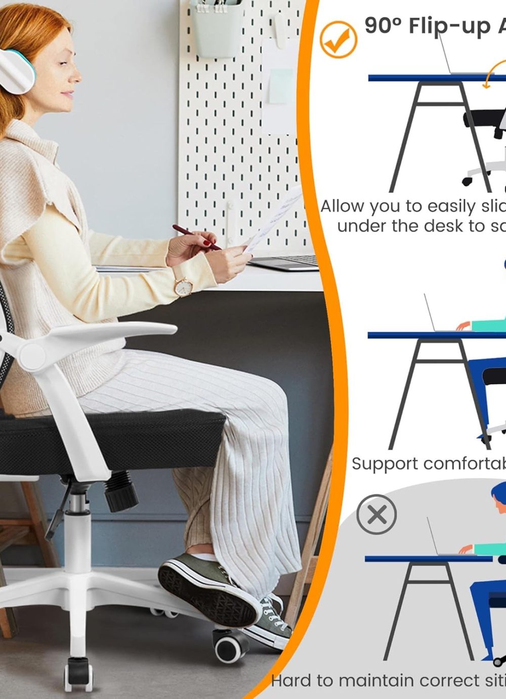 Yaheetech Ergonomic Office Chair Adjustable Mesh Computer Desk Chair with Flip-up Armrests Lumbar Support for Home Office White - Image 4