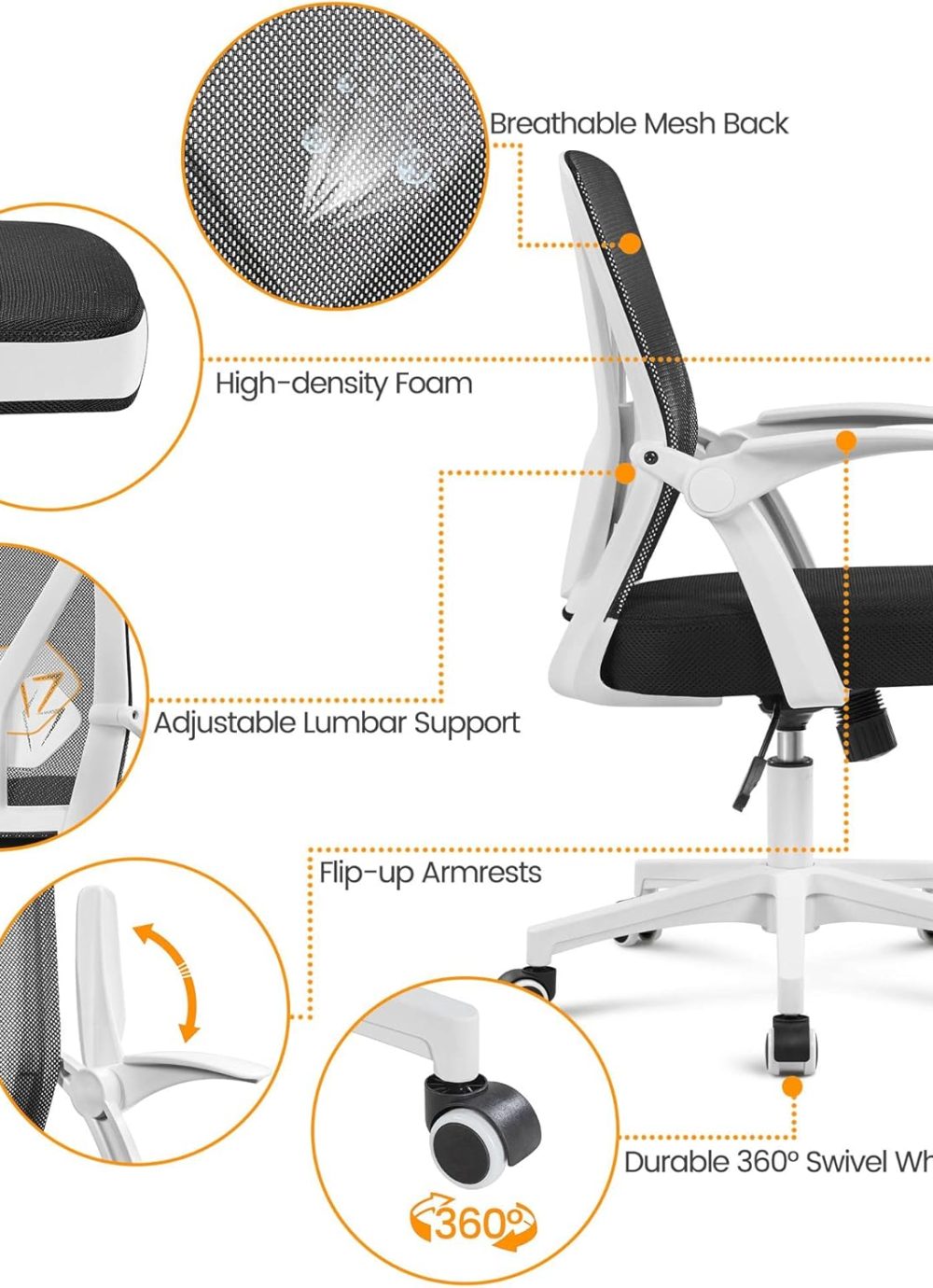 Yaheetech Ergonomic Office Chair Adjustable Mesh Computer Desk Chair with Flip-up Armrests Lumbar Support for Home Office White - Image 6